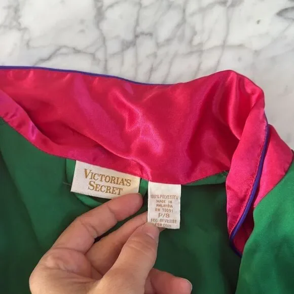 Victoria's Gold Label Vintage Secret Satin Green/Pink Kimono Style Robe Sz Small - Picture 5 of 9